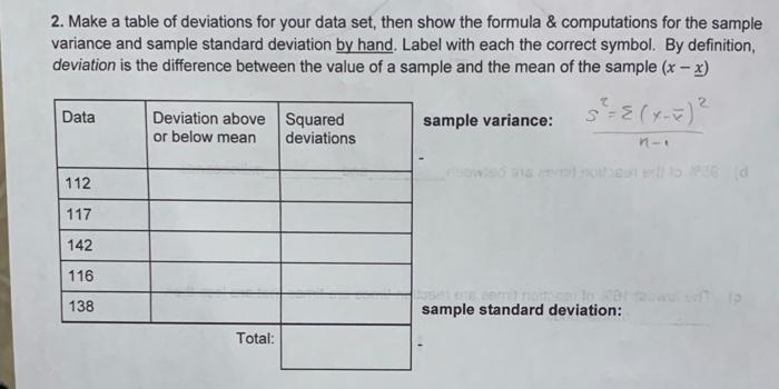 Solved 2 Make A Table Of Deviations For Your Data Set Then Chegg Com