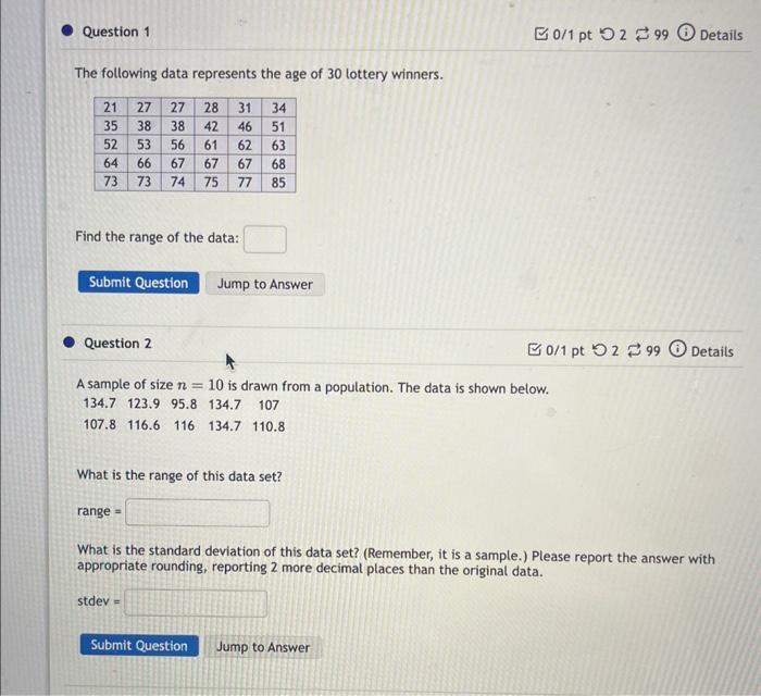 Solved The following data represents the age of 30 lottery | Chegg.com