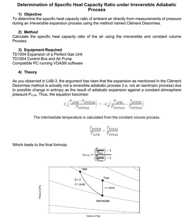 Solved Determination of Specific Heat Capacity Ratio under | Chegg.com