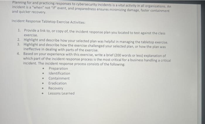 Incident Response, Tabletop Exercise This Assignment | Chegg.com