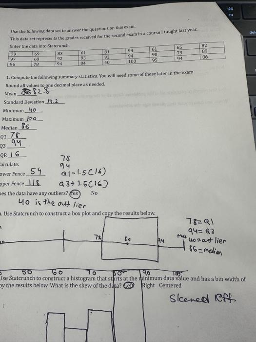 Solved Use the following data set to answer the questions on | Chegg.com