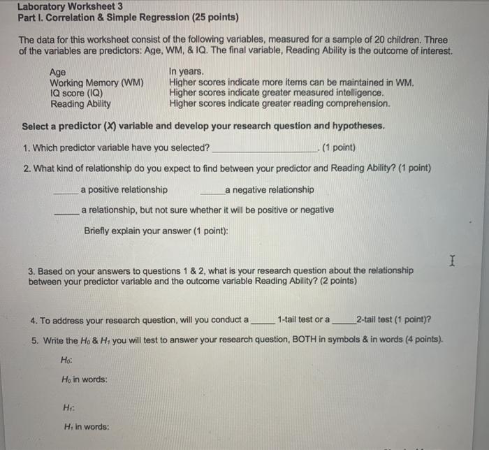 Solved Laboratory Worksheet 3 Part I. Correlation & Simple | Chegg.com