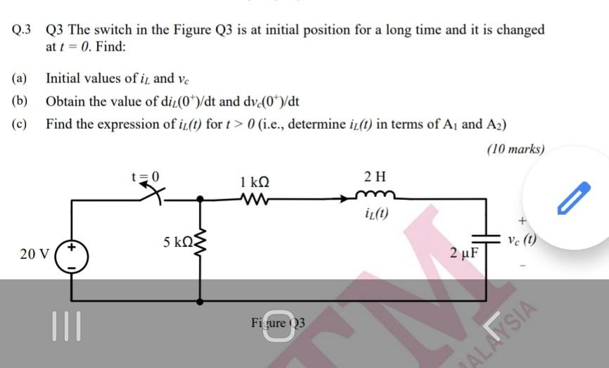 Solved Q.3 Q3 The switch in the Figure Q3 is at initial | Chegg.com