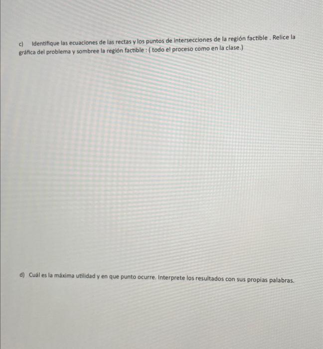 c) Identifique las ecuaciones de las rectas y los puntos de intersecciones de la región factible. Relice la gráfica del probl