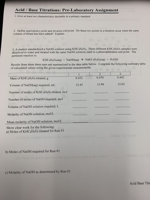 Solved Acid / Base Titrations PreLaboratory Assignment 1.