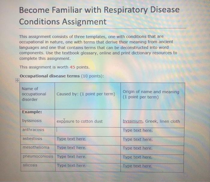 Solved Become Familiar With Respitory Disease Conditions Chegg Com