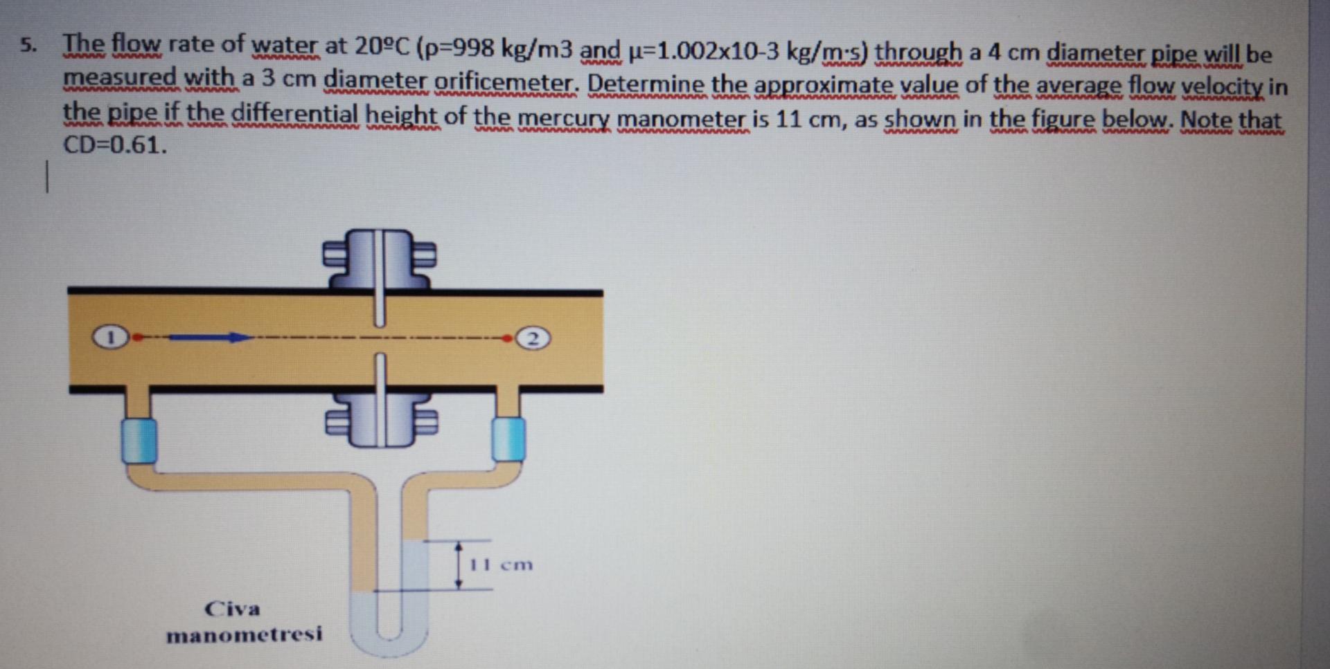 Solved WA 5. The flow rate of water at 20°C (p=998 kg/m3 and | Chegg.com