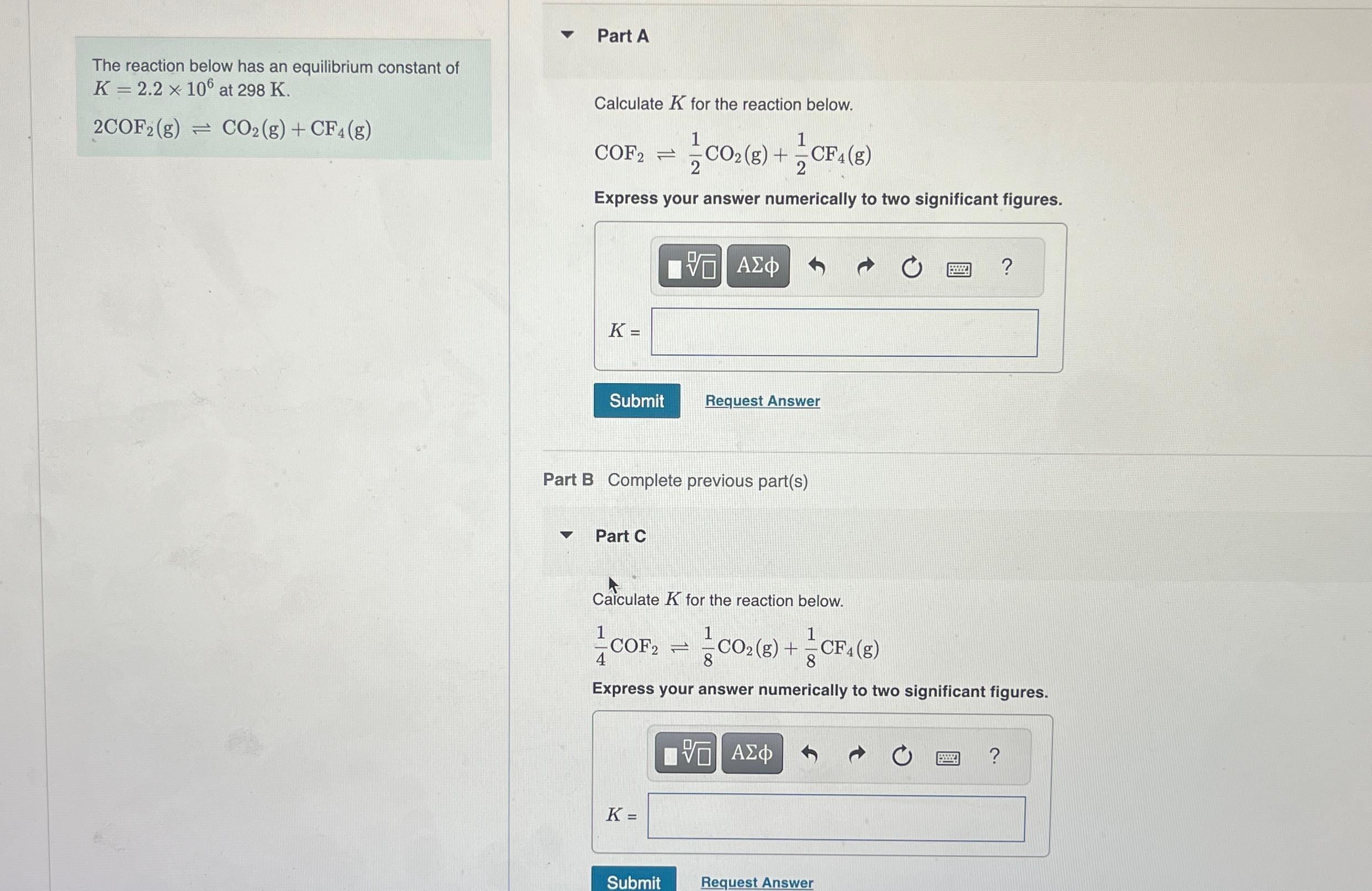 Solved Part AThe reaction below has an equilibrium constant | Chegg.com