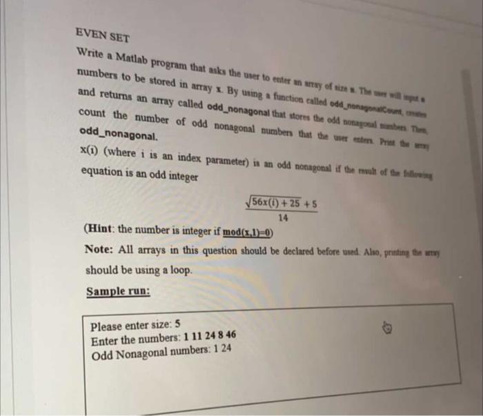 Solved EVEN SET Write a Matlab program that asks the user to | Chegg.com