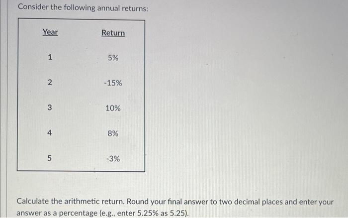 Solved Consider the following annual returns: Calculate the | Chegg.com