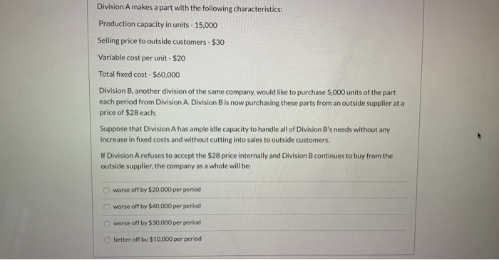 Solved Division A Makes A Part With The Following | Chegg.com