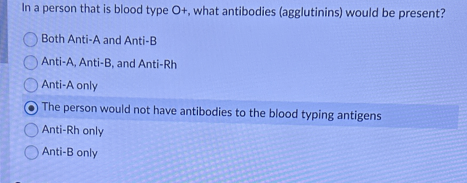 Solved In a person that is blood type O+, ﻿what antibodies