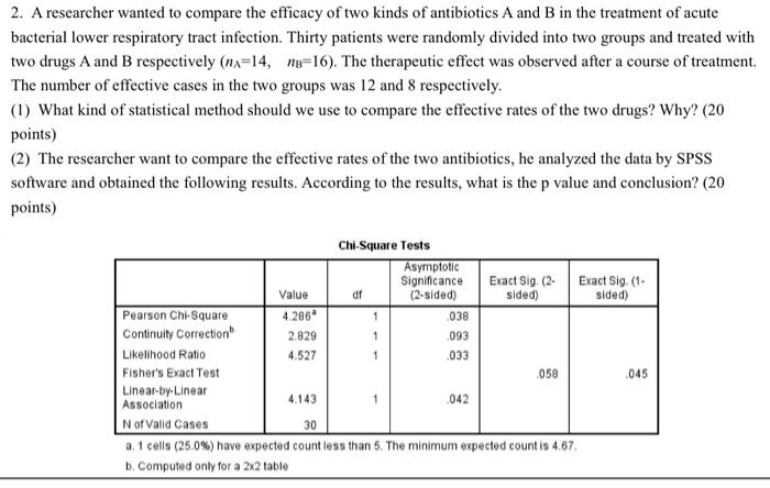Solved 2. A researcher wanted to compare the efficacy of two | Chegg.com