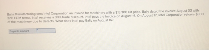 Solved Bally Manufacturing sent Intel Corporation an invoice | Chegg.com