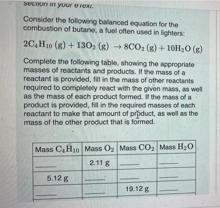 Solved 2C4H10( g)+13O2( g)→8CO2( g)+10H2O(g) Complete the | Chegg.com