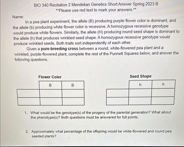 Solved BIO 340 Recitation 2 Mendelian Genetics Short Answer | Chegg.com