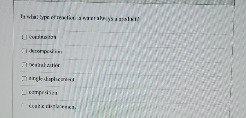 Solved In what type of reaction is water always a product? | Chegg.com