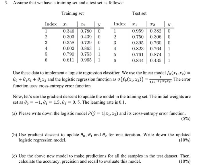 Solved 3. Assume That We Have A Training Set And A Test Set | Chegg.com