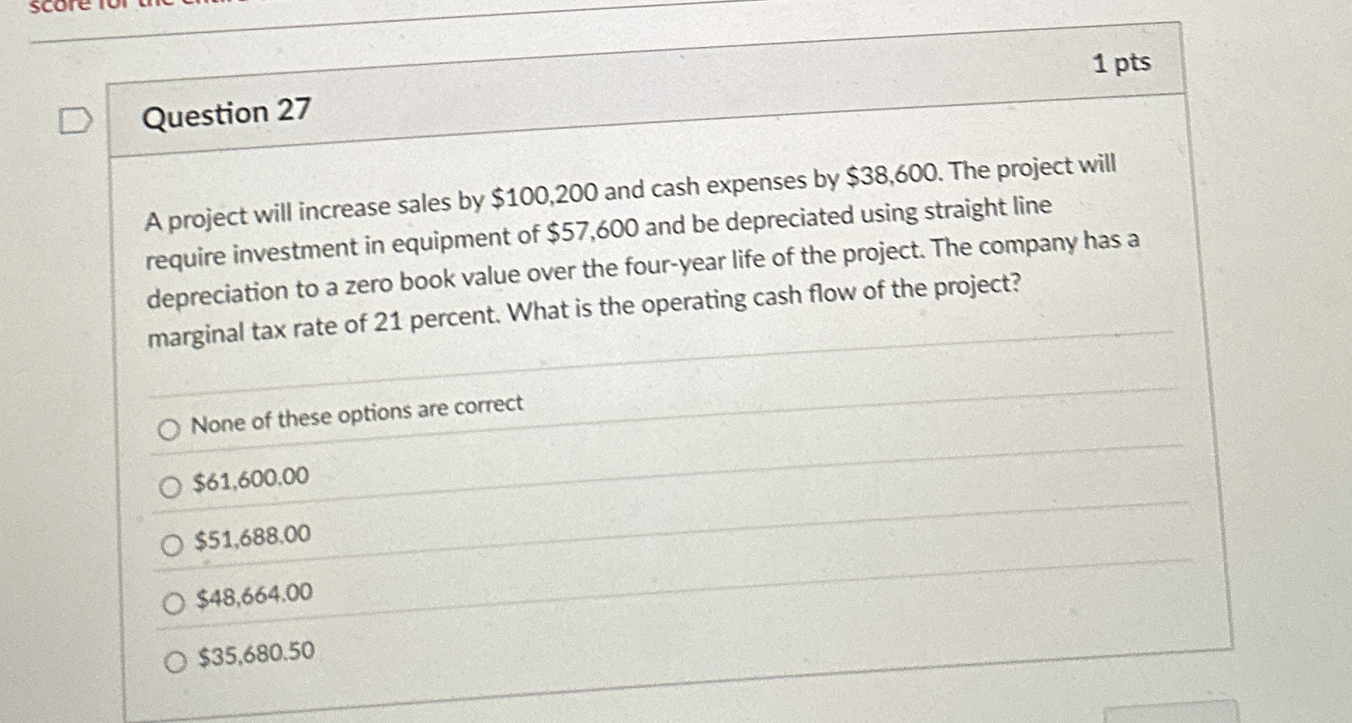 Solved 1 ﻿ptsQuestion 27A project will increase sales by | Chegg.com