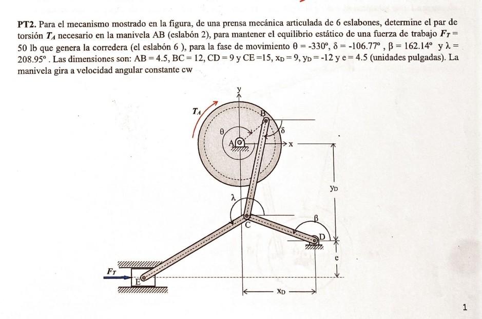 PT2. Para el mecanismo mostrado en la figura, de una prensa mecánica articulada de 6 eslabones, determine el par de torsión \