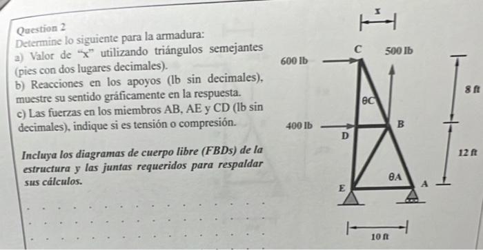 Question 2 Determine lo siguiente para la armadura: a) Valor de \( x \) utilizando triángulos semejantes (pies con dos lu