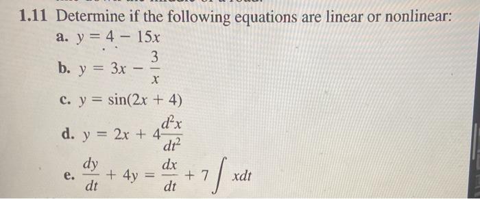 Solved 1.11 Determine if the following equations are linear | Chegg.com