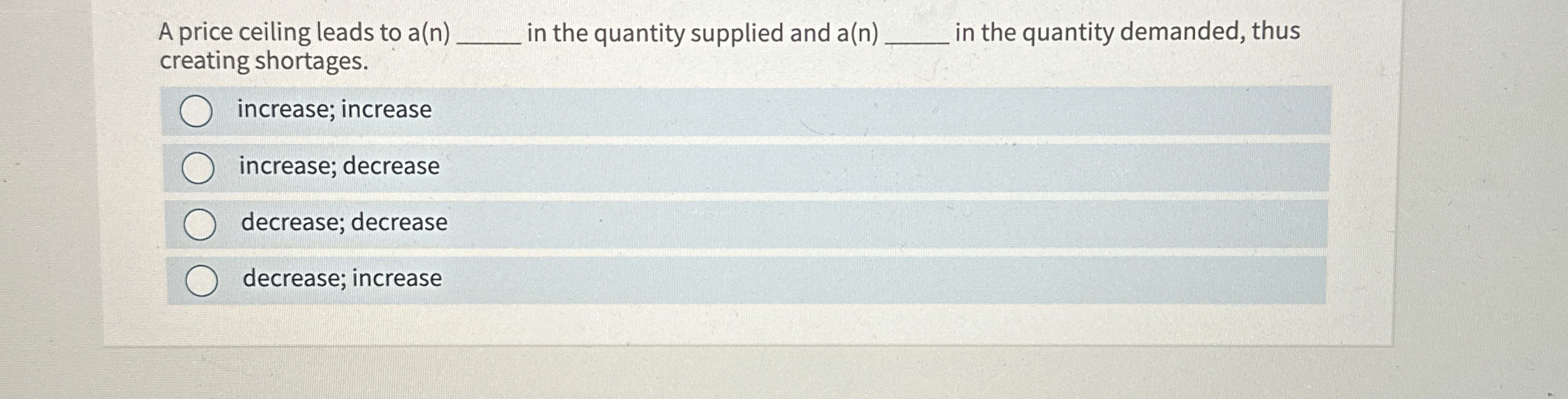 Solved A price ceiling leads to a(n)in the quantity supplied | Chegg.com