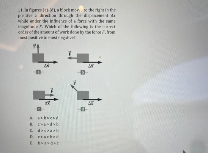 Solved 11. In figures (a)-(d), a block move to the right in | Chegg.com