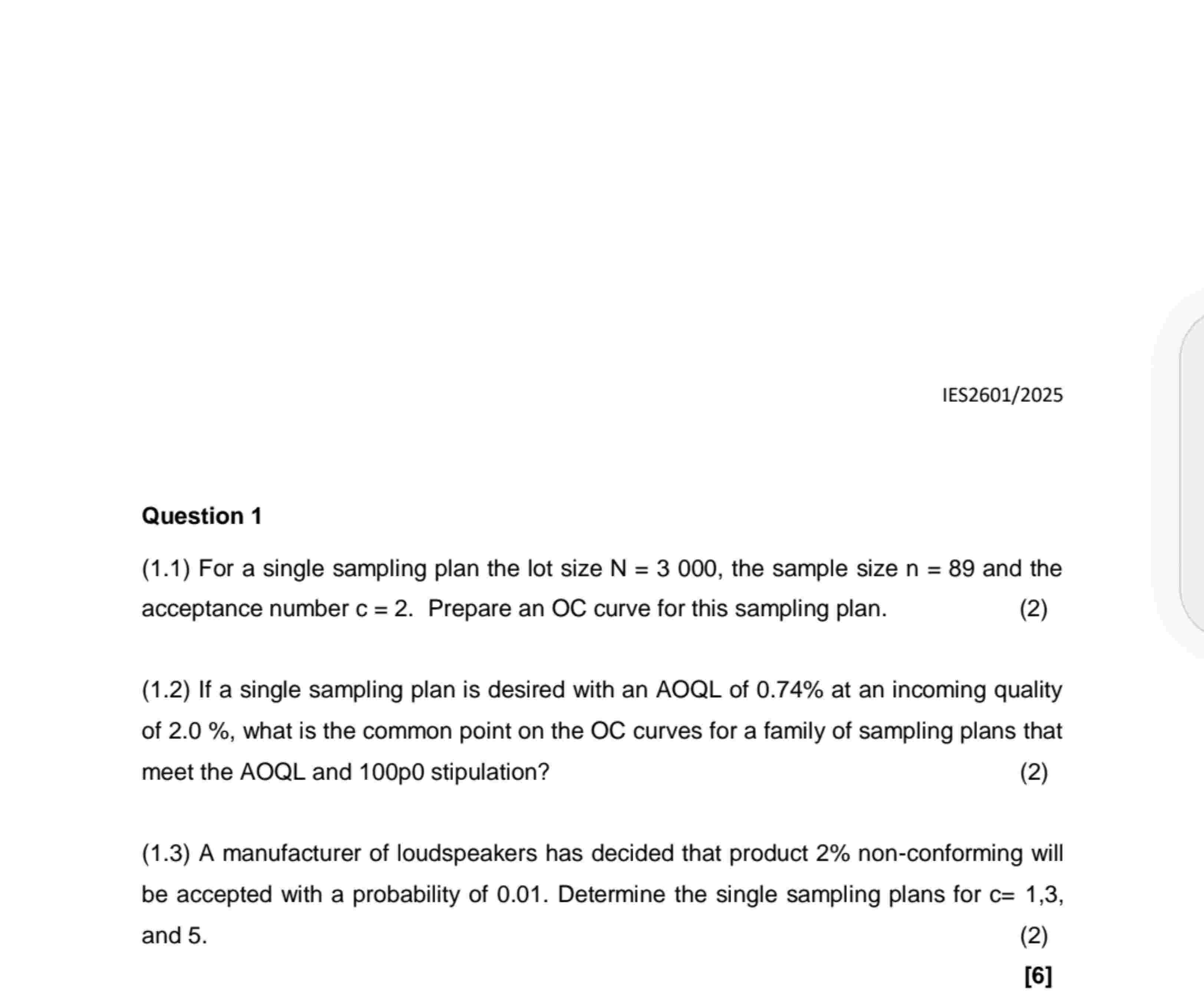 Solved Question 1 (1.1) ﻿For a single sampling plan the lot | Chegg.com