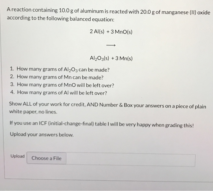 Solved A reaction containing 10.0 g of aluminum is reacted