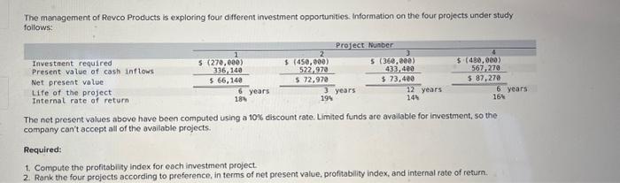 Solved The management of Revco Products is exploring four | Chegg.com
