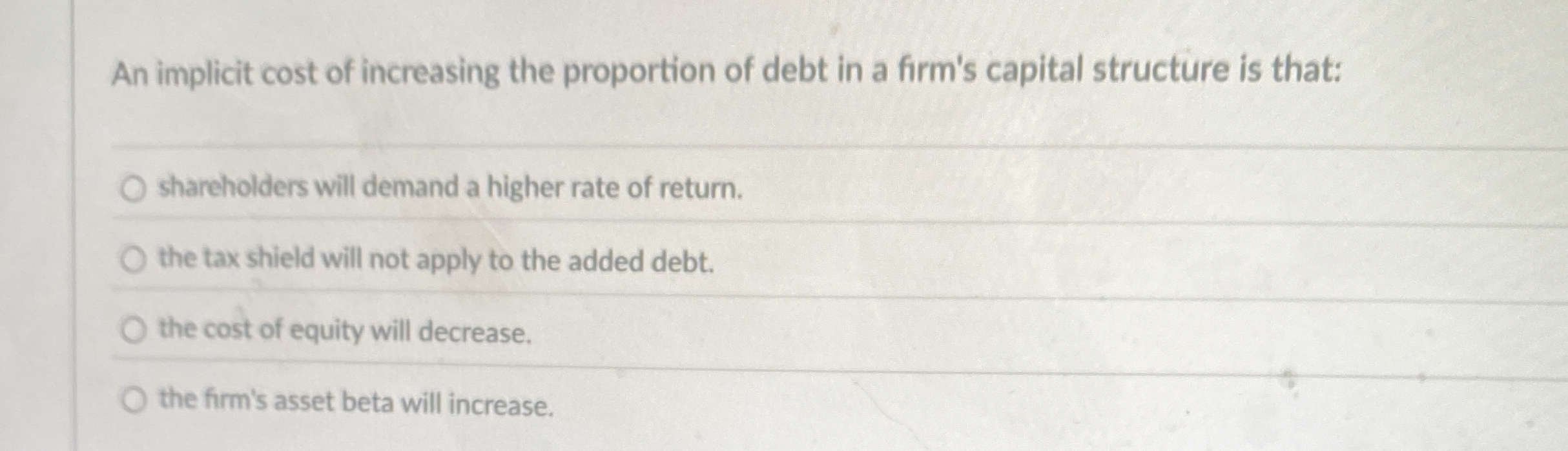 Solved An implicit cost of increasing the proportion of debt | Chegg.com