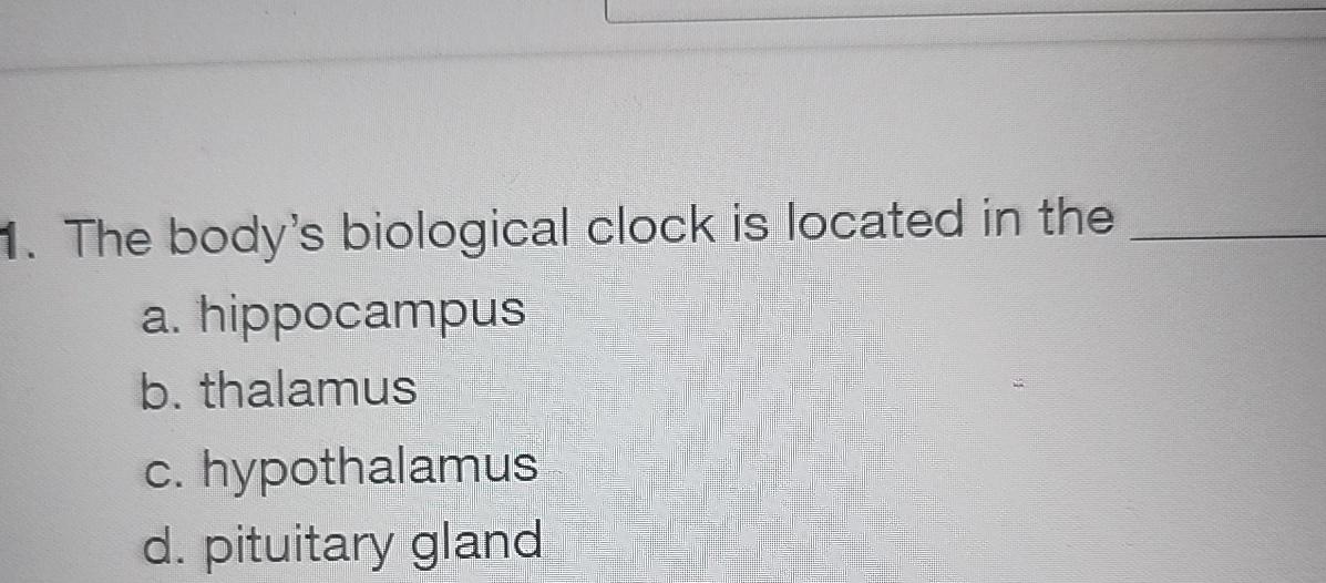 Solved The body's biological clock is located in thea.