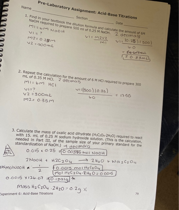 Solved PreLaboratory Assignment AcidBase Titrations Name