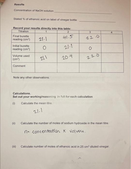 Solved DETERMINATION OF THE PERCENTAGE OF ETHANOIC ACID IN