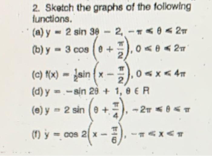 2. Sketch the graphs of the following functions. (a) \( y=2 \sin 3 \theta-2,-\pi \leqslant \theta \leqslant 2 \pi \) (b) \( y