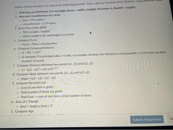 Solved Define Python functions for each of the following | Chegg.com