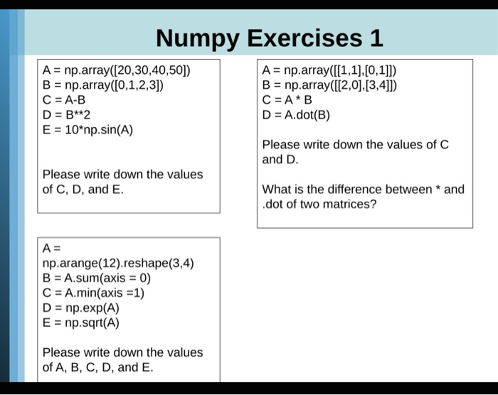 Solved Numpy Exercises 1 A = Np.array([20,30,40,50]) B = | Chegg.com