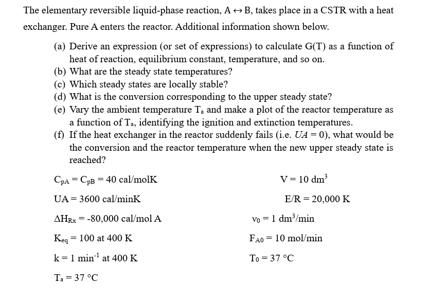 Solved Chemical Engineering Reversible liquid phase reaction | Chegg.com