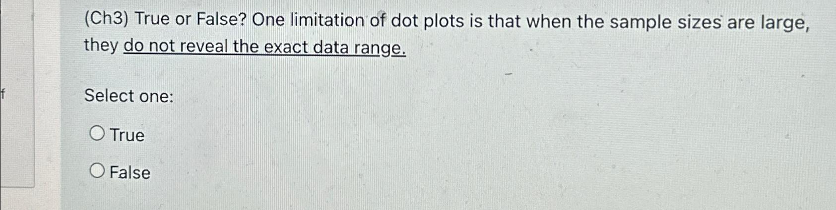Solved (Ch3) ﻿True or False? One limitation of dot plots is | Chegg.com