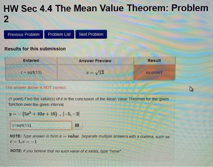 Solved HW Sec 4.4 The Mean Value Theorem: Problem 2 Previous | Chegg.com