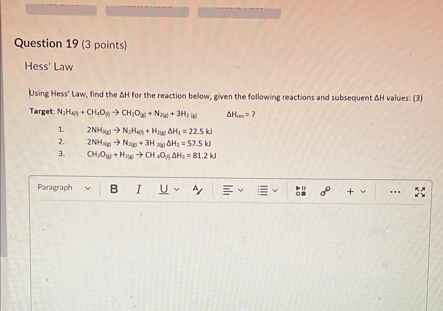 Solved Question 19 (3 ﻿points)Hess' LawUsing Hess' Law, find | Chegg.com