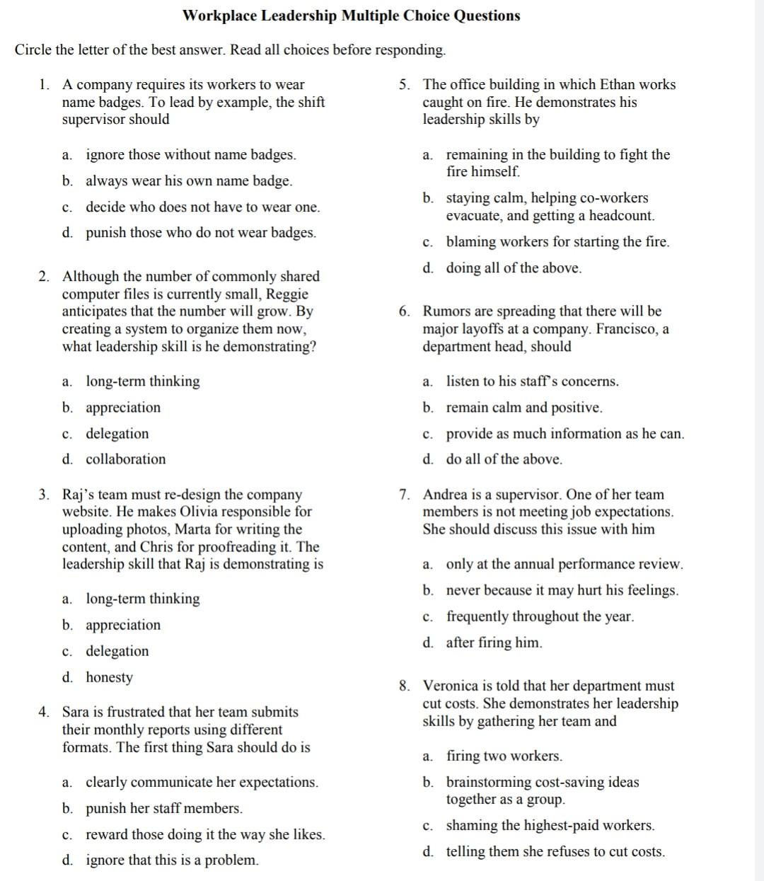 Solved Workplace Leadership Multiple Choice Questions Circle | Chegg.com