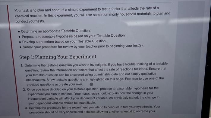 Solved Your task is to plan and conduct a simple experiment | Chegg.com