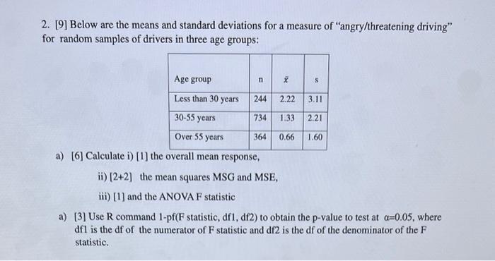 Solved 2. [9] Below are the means and standard deviations | Chegg.com