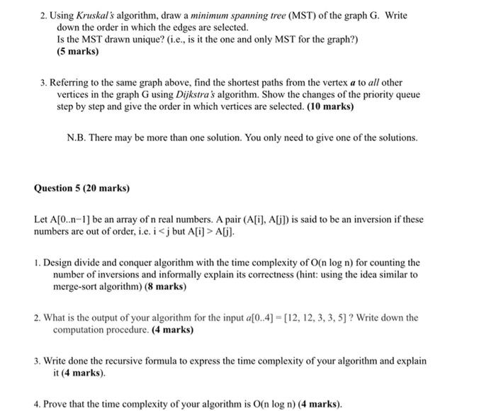 Solved Question 2 (10 marks) Consider the following graph G. | Chegg.com