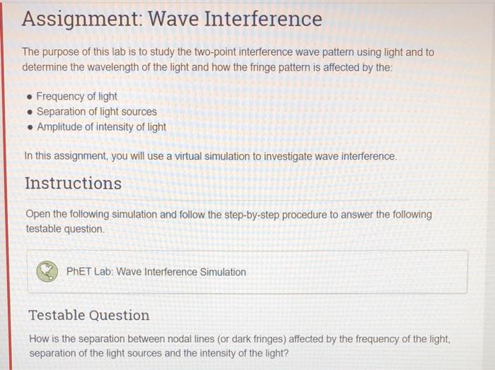 Assignment: Wave Interference The purpose of this lab | Chegg.com