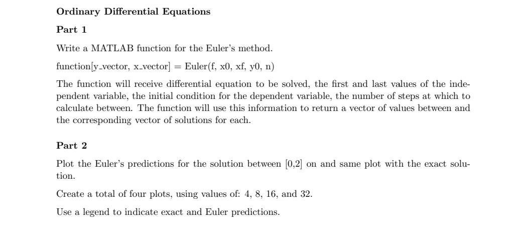 Solved Ordinary Differential Equations Part 1 Write a MATLAB | Chegg.com