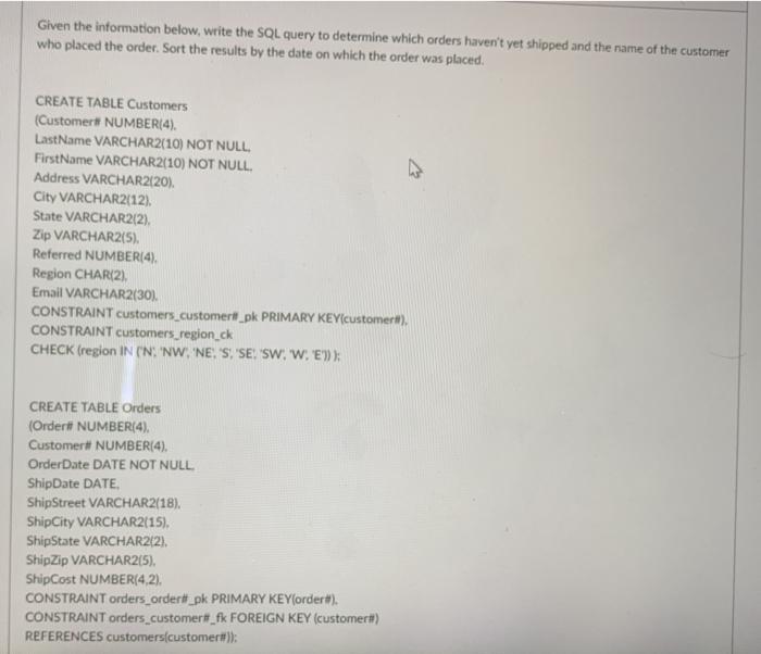 Solved Given the information below, write the SQL query to | Chegg.com