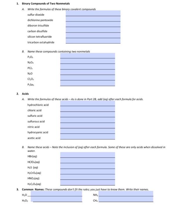 Solved 1. Binary Compounds Of Two Nonmetals A. Write The 